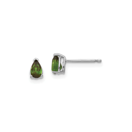 14k White Gold Pear Shaped Green Tourmaline Stud Earrings, Solitaire Design
