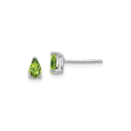 14k White Gold Peridot Stud Earrings, Pear Shaped Gemstone, Prong Set, Minimalist Design