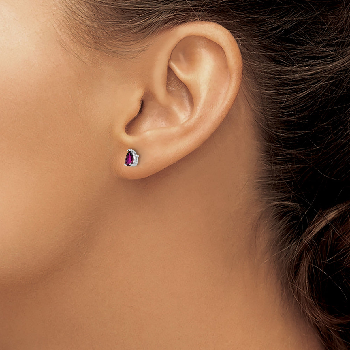 14k White Gold Garnet Stud Earrings, Pear Shaped Deep Purple Gemstone, Minimalist Jewelry for Women