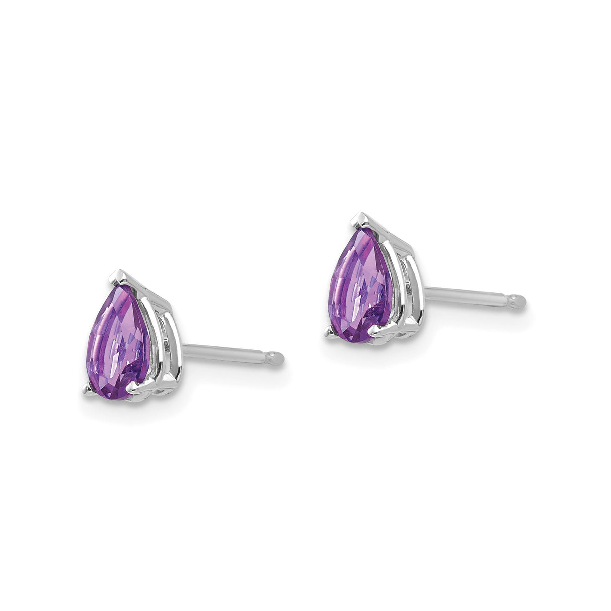 14k White Gold Amethyst Stud Earrings, Pear Shaped Purple Gemstone, Prong Set Classic Style