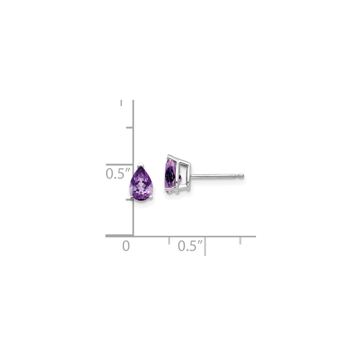 14k White Gold Amethyst Stud Earrings, Pear Shaped Purple Gemstone, Prong Set Classic Style