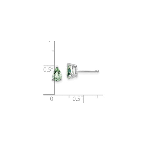 14k White Gold Stud Earrings with Pear Cut Green Quartz, Minimalist Modern Style for Women