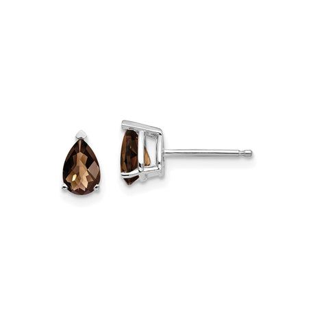 14k White Gold Stud Earrings with Pear Shaped Smoky Quartz, Minimalist Modern Style