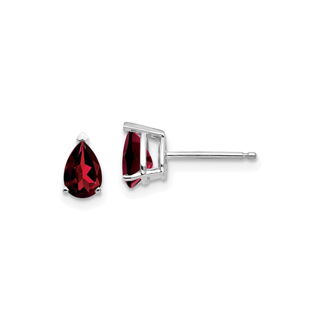 14k White Gold Garnet Stud Earrings, Pear Shaped January Birthstone Jewelry for Women