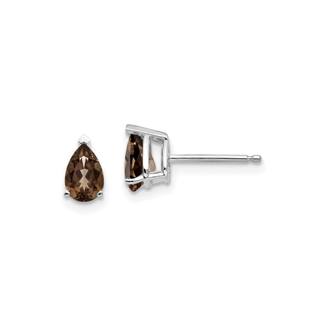 14k White Gold Stud Earrings with Pear Shaped Smoky Quartz Gemstones for Women