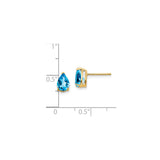 14k Yellow Gold Blue Topaz Stud Earrings, Pear Shaped Gemstone, Three Prong Setting