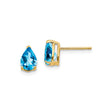 14k Yellow Gold Blue Topaz Stud Earrings, Pear Shaped Gemstone, Three Prong Setting