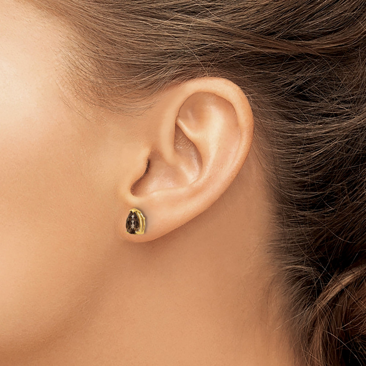 14k Yellow Gold Stud Earrings with Pear Shaped Smoky Quartz, Minimalist Design