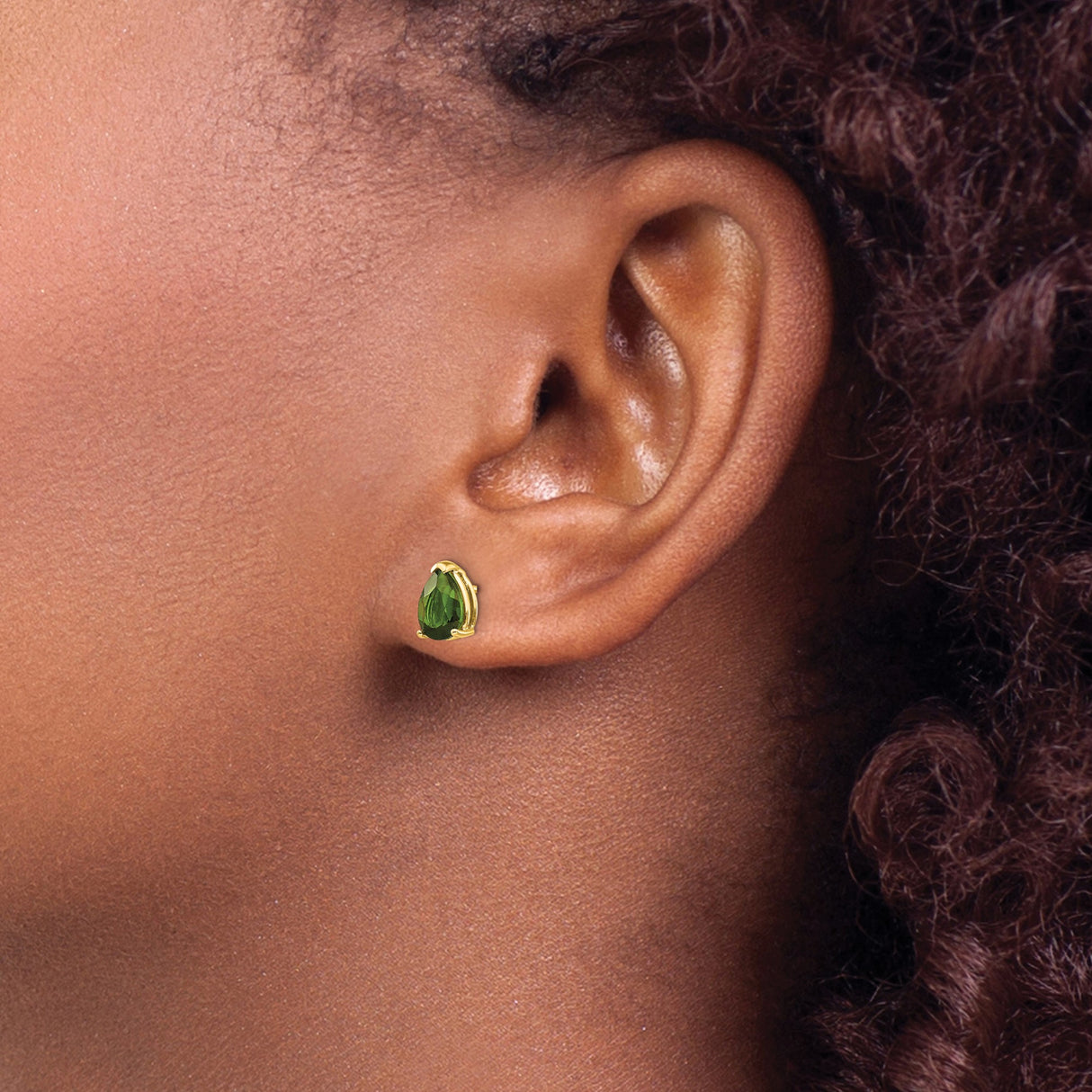 14k Yellow Gold Stud Earrings with Green Tourmaline, Pear Shaped Prong Set Gemstone
