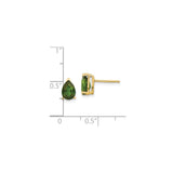 14k Yellow Gold Stud Earrings with Green Tourmaline, Pear Shaped Prong Set Gemstone