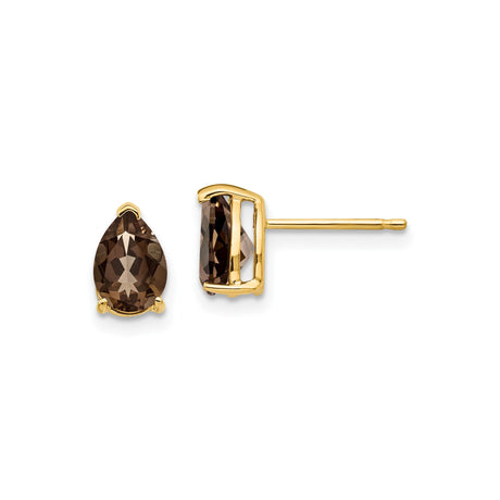 14k Yellow Gold Stud Earrings with Pear Shaped Smoky Quartz, Minimalist Style for Women
