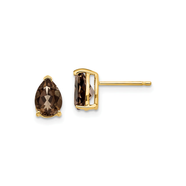 14k Yellow Gold Stud Earrings with Pear Shaped Smoky Quartz, Minimalist Style for Women