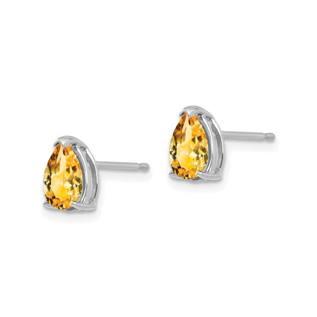 14k White Gold Citrine Stud Earrings, Pear Shaped November Birthstone Jewelry