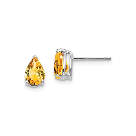 14k White Gold Citrine Stud Earrings, Pear Shaped November Birthstone Jewelry
