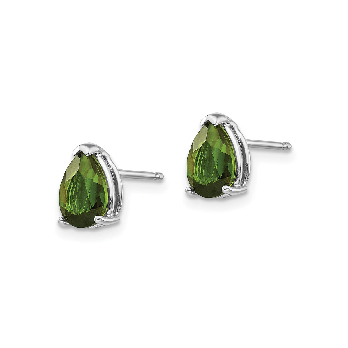 14k White Gold Stud Earrings with Pear Shaped Green Tourmaline, Classic Lightweight Design