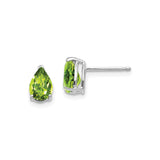 14k White Gold Peridot Stud Earrings, Pear Shaped, Classic Three Prong Setting