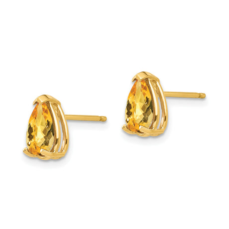 14k Yellow Gold Citrine Stud Earrings, Pear Shaped Faceted Gemstone, Classic Style for Women