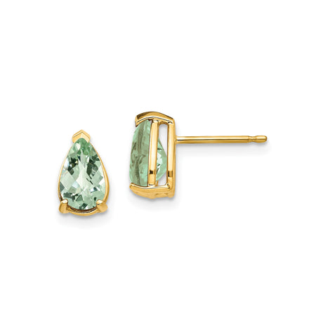 14k Yellow Gold Pear Shaped Green Amethyst Stud Earrings, Classic Prong Setting for Women