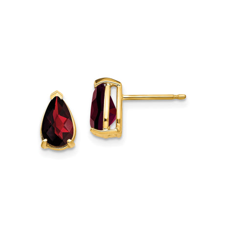 14k Yellow Gold Garnet Stud Earrings, Pear Shaped Three Prong Setting, January Birthstone