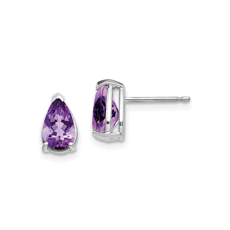 14k White Gold Amethyst Stud Earrings with Pear Cut Purple Gemstone, Teardrop Minimalist Style