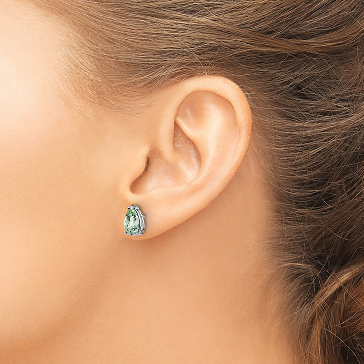 14k White Gold Stud Earrings with Pear Shaped Green Quartz, Minimalist Modern Design