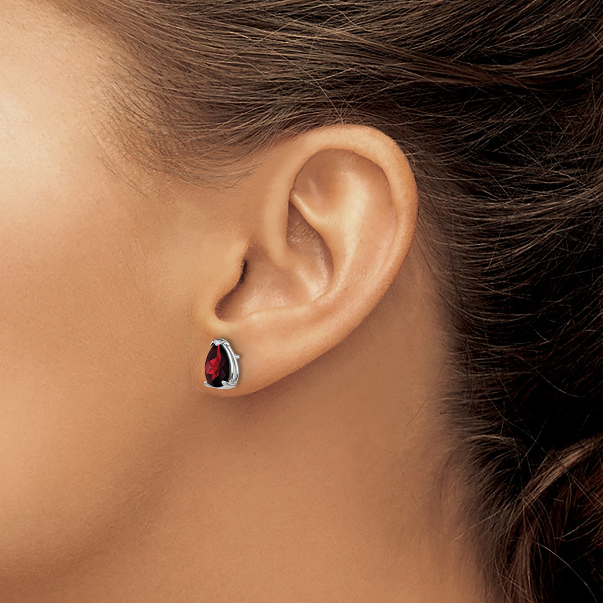 14k White Gold Garnet Stud Earrings, Pear Shaped, Classic Prong Setting, January Birthstone