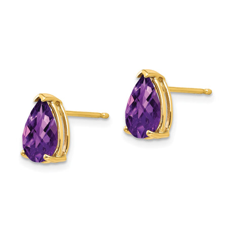 14k Yellow Gold Stud Earrings with Pear Shaped Amethyst, February Birthstone Jewelry for Women