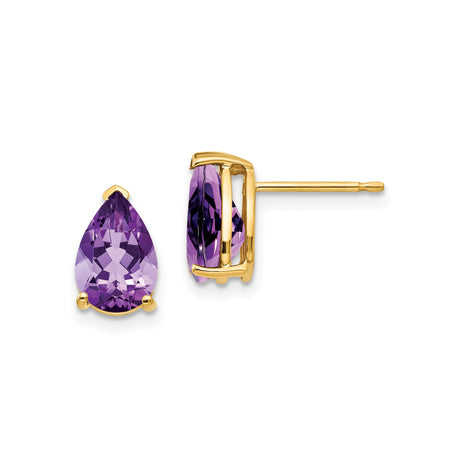 14k Yellow Gold Stud Earrings with Pear Shaped Amethyst, February Birthstone Jewelry for Women
