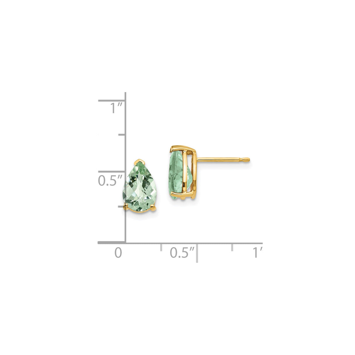 14k Yellow Gold Pear Shape Stud Earrings with Light Green Quartz, Minimalist Design