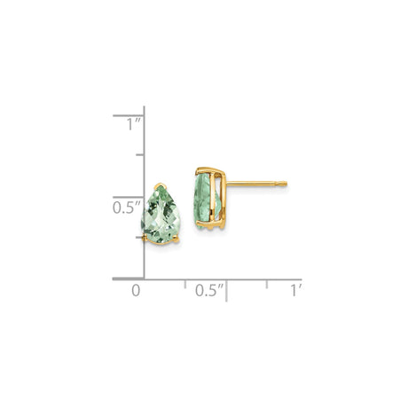 14k Yellow Gold Pear Shape Stud Earrings with Light Green Quartz, Minimalist Design