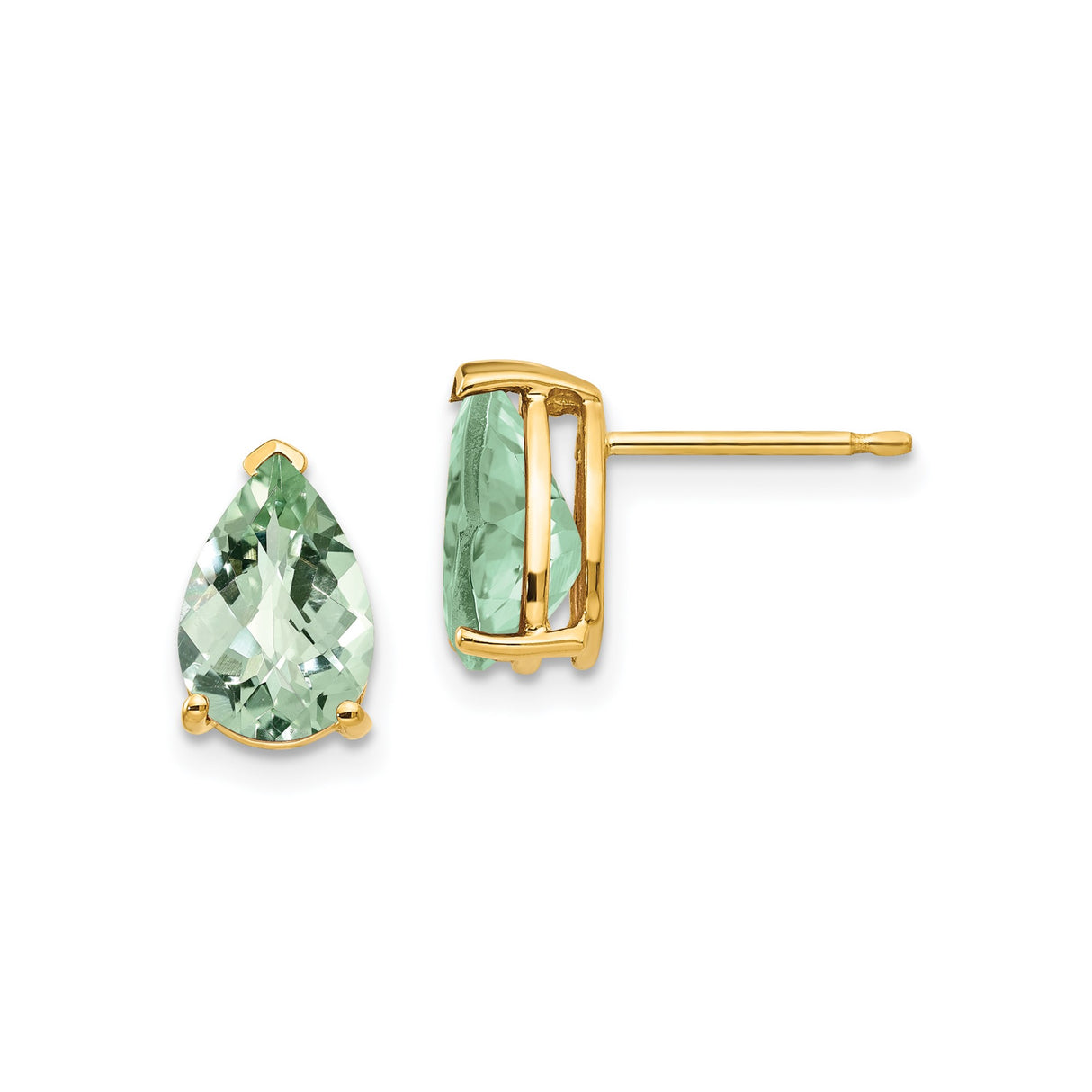 14k Yellow Gold Pear Shape Stud Earrings with Light Green Quartz, Minimalist Design
