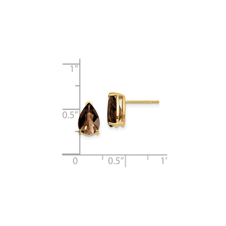 14k Yellow Gold Stud Earrings with Pear Cut Smoky Quartz, Minimalist Style Jewelry for Women
