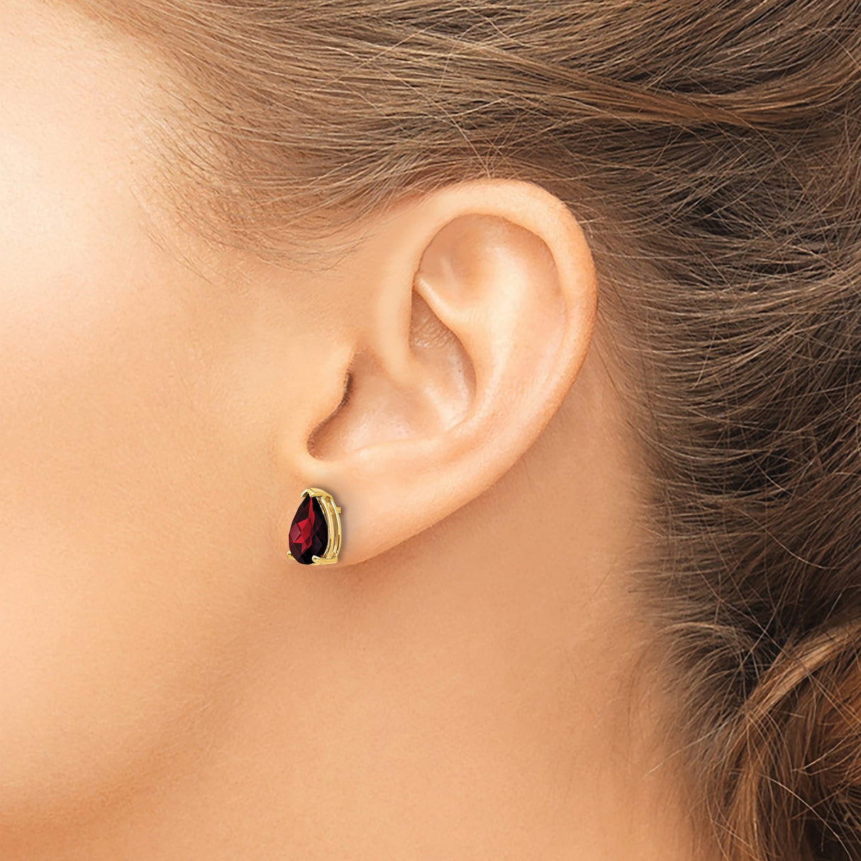 14k Yellow Gold Garnet Stud Earrings, Pear Shaped Prong Set January Birthstone Jewelry
