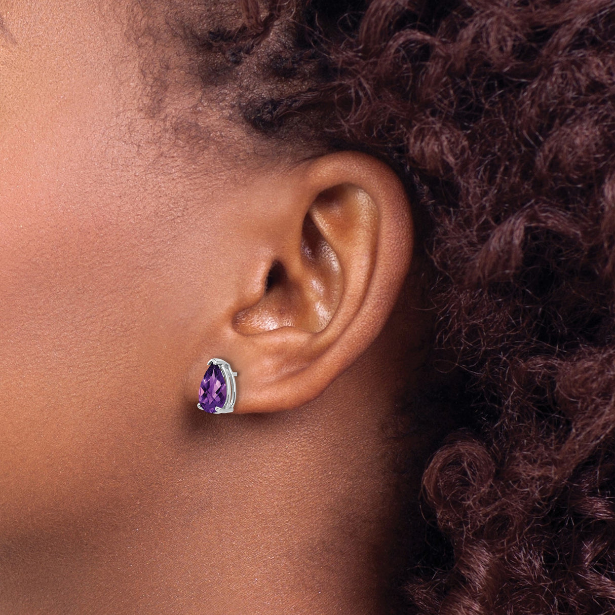 14k White Gold Amethyst Stud Earrings, Pear Shaped Three Prong Setting