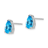 14k White Gold Blue Topaz Stud Earrings, Pear Shaped Gemstone, Three Prong Setting
