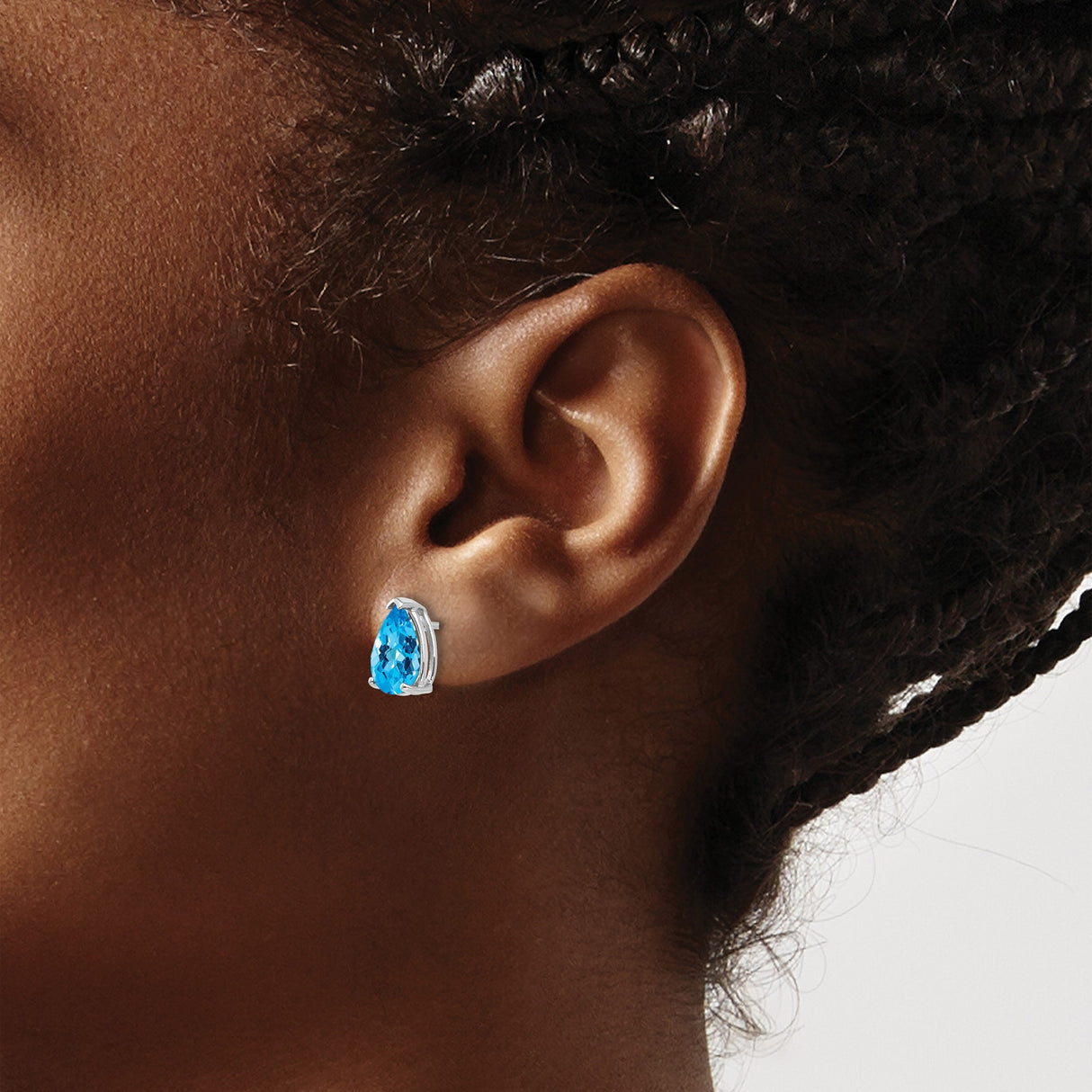 14k White Gold Blue Topaz Stud Earrings, Pear Shaped Gemstone, Three Prong Setting