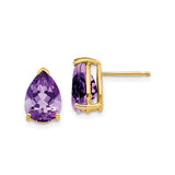 14k Yellow Gold Amethyst Stud Earrings, Pear Shaped Prong Set Gemstone Jewelry for Women