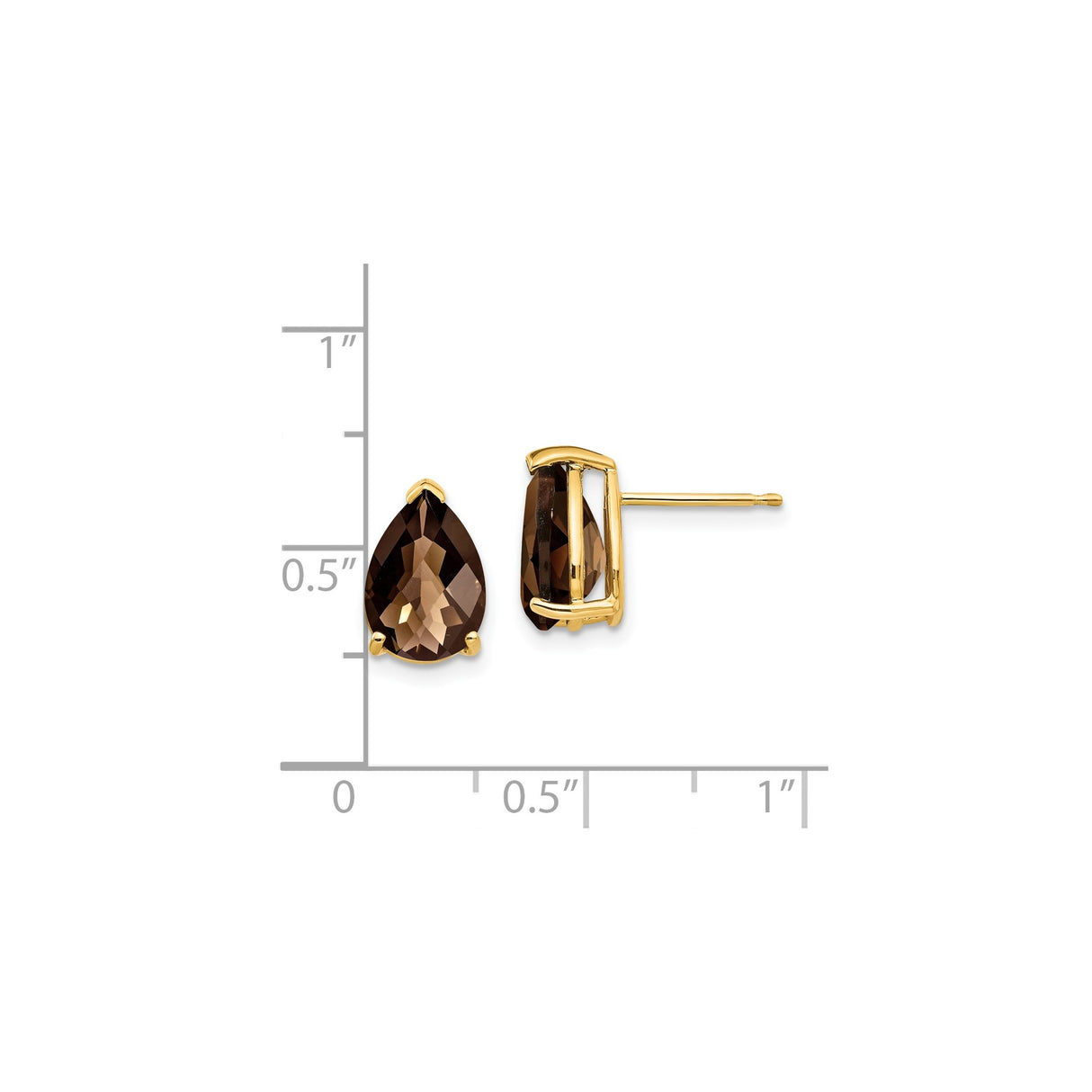 14k Yellow Gold Pear Shaped Stud Earrings with Smoky Quartz Gemstones for Women
