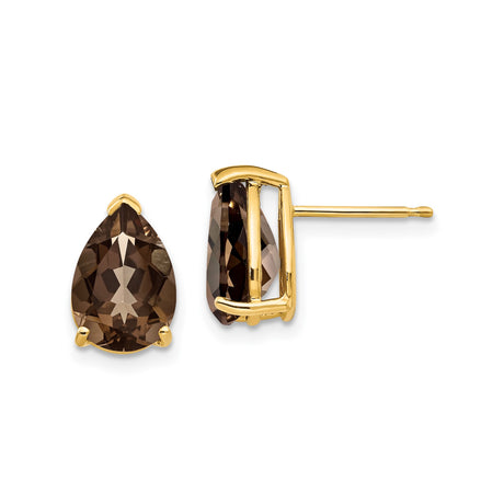 14k Yellow Gold Pear Shaped Stud Earrings with Faceted Smoky Quartz for Women, Modern Lightweight Gold Jewelry, Real Gemstone Quartz Studs, Elegant Neutral Earrings for Daily or Evening Wear