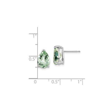 14k White Gold Pear Shaped Green Amethyst Stud Earrings, Minimalist Prong Setting