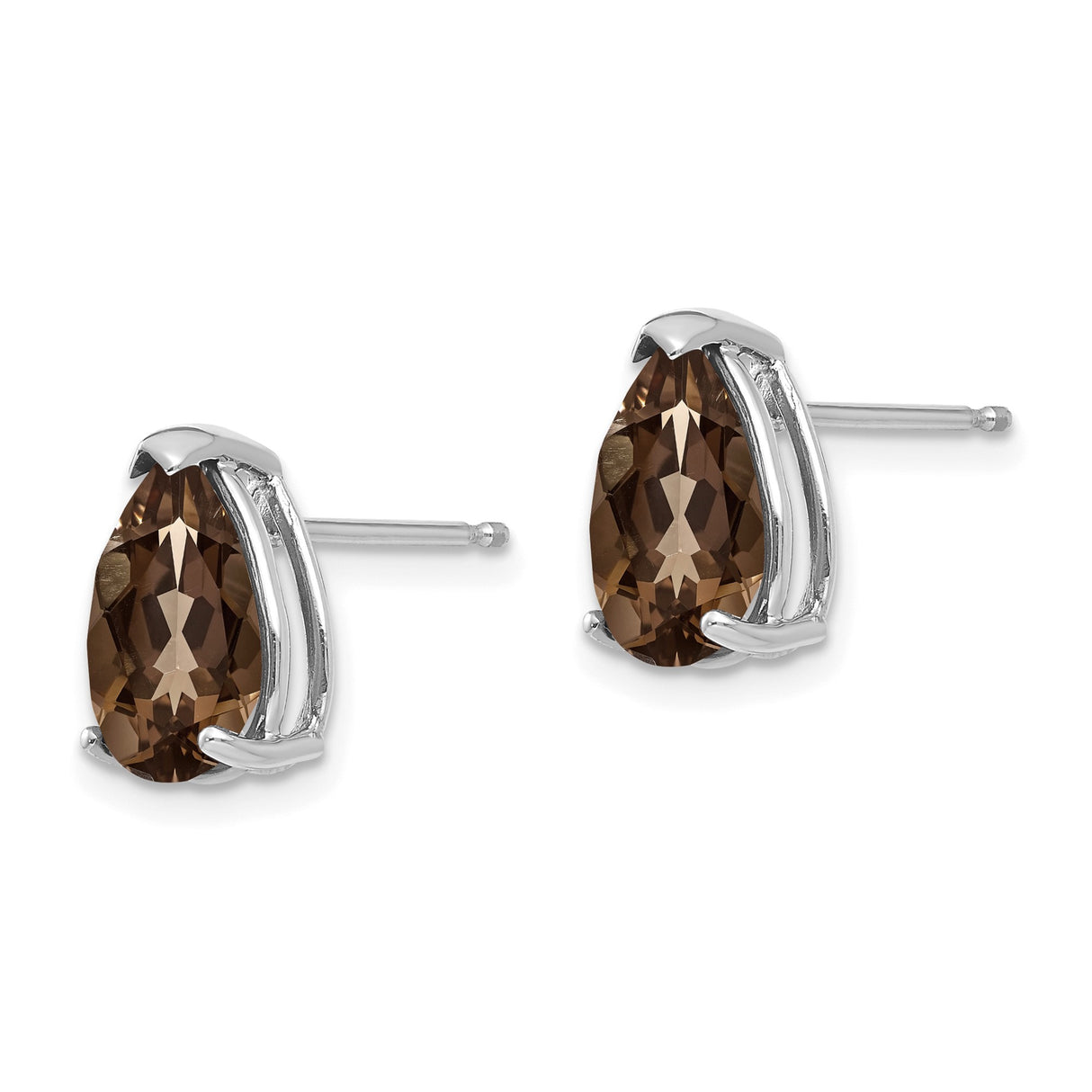 14k White Gold Stud Earrings with Pear Shaped Smoky Quartz in Prong Setting