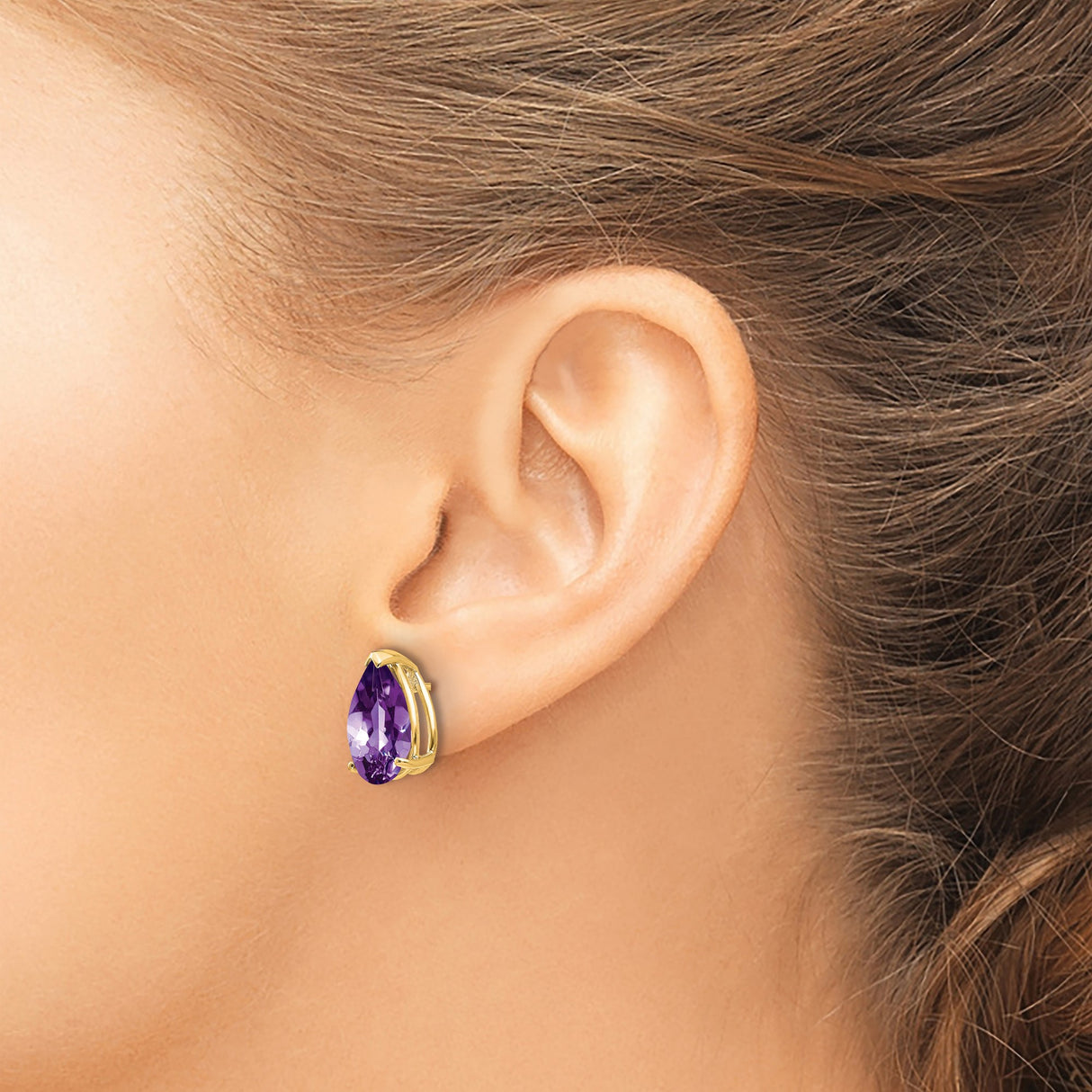 14k Yellow Gold Pear Shaped Amethyst Stud Earrings, Three Prong Setting, February Birthstone Jewelry