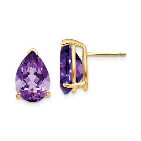 14k Yellow Gold Pear Shaped Amethyst Stud Earrings, Three Prong Setting, February Birthstone Jewelry