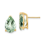 14k Yellow Gold Stud Earrings with Pear Shaped Green Quartz, Classic Minimalist Design