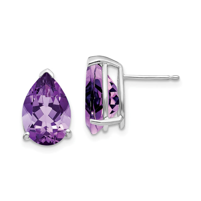 14k White Gold Amethyst Stud Earrings, Pear-Shaped Prong-Set February Birthstone Jewelry