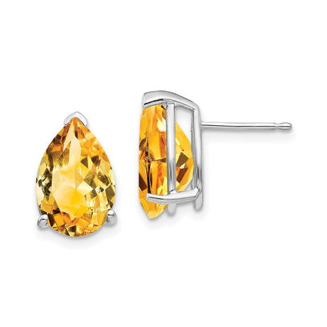 14k White Gold Citrine Stud Earrings, Pear Cut Three Prong Setting, November Birthstone Jewelry