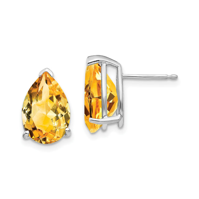 14k White Gold Citrine Stud Earrings, Pear Cut Three Prong Setting, November Birthstone Jewelry