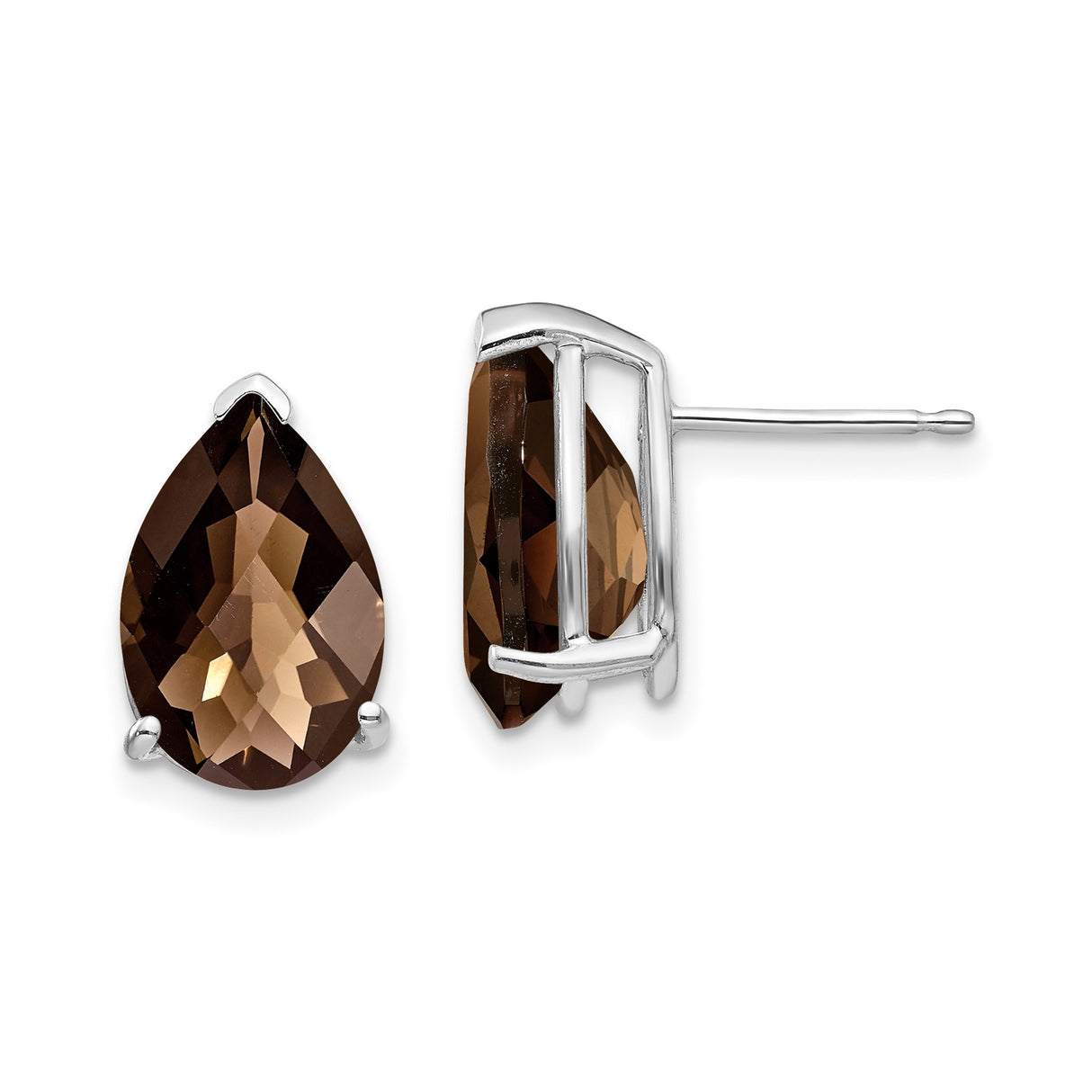 14k White Gold Pear Shaped Stud Earrings with Smoky Quartz, Classic Womens Jewelry
