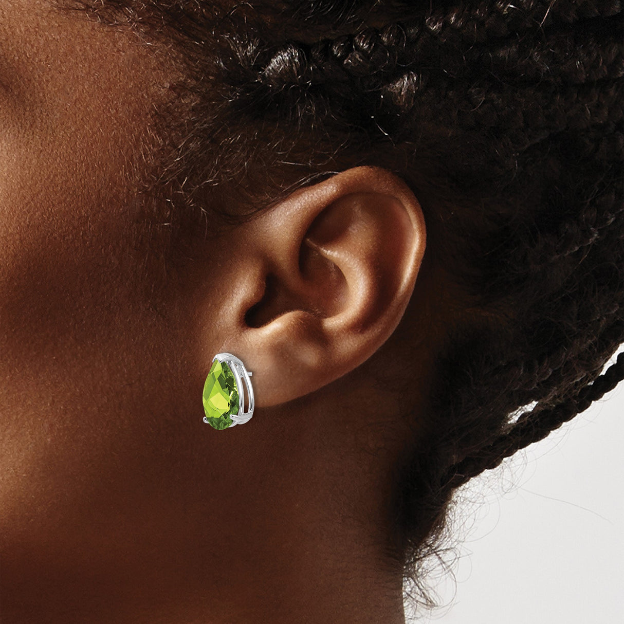 14k White Gold Peridot Stud Earrings, Pear Cut, Three-Prong Setting, August Birthstone