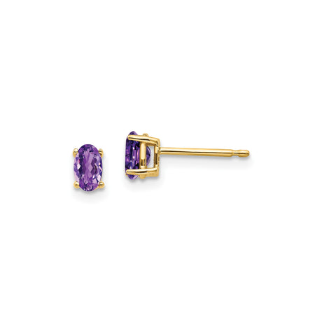 14k Yellow Gold Amethyst Stud Earrings with Oval Faceted Purple Gemstones for Women